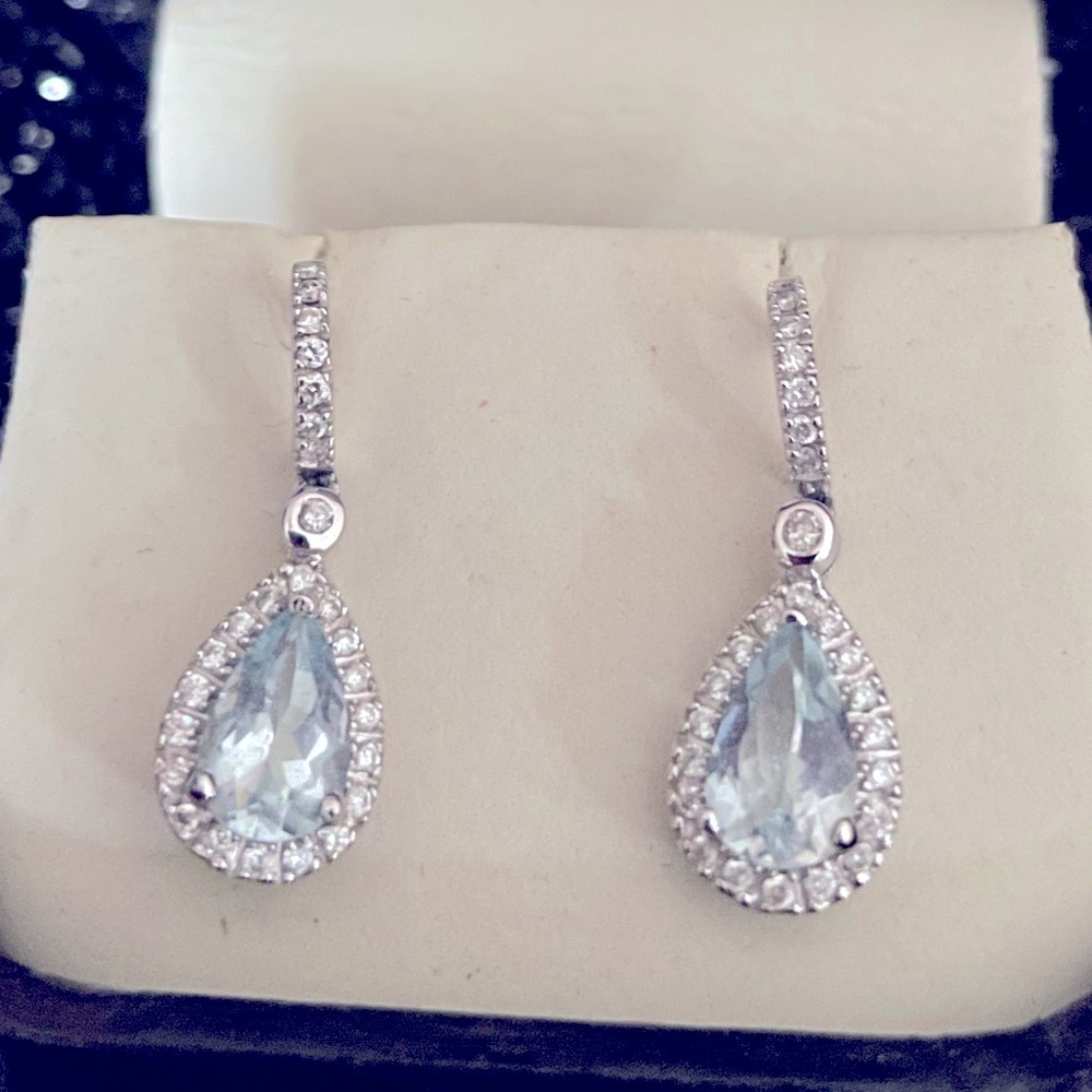 Silver aquamarine and diamond drop earrings
